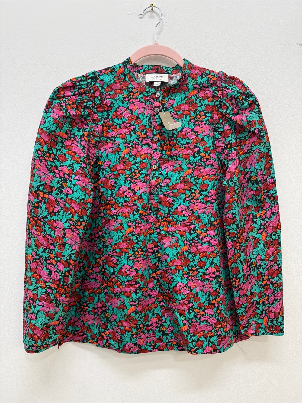 J. Crew Floral Button-Front Blouse in Pink, Teal & Red